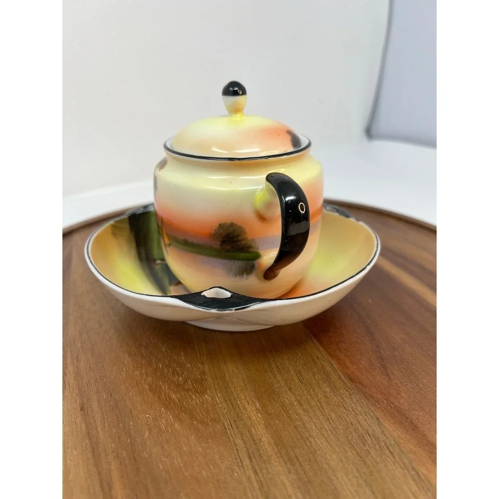 Vintage Hand‎ Painted Sugar Bowl Creamer Set Landscape Scene